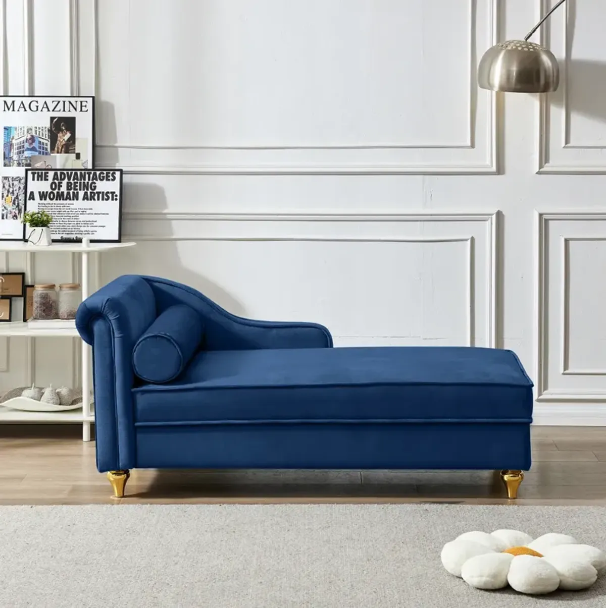 Modern Upholstery Chaise Lounge Chair With Storage Velvet (Navy Blue)