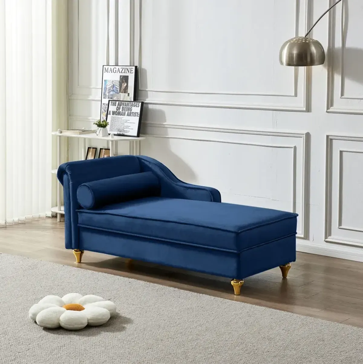 Modern Upholstery Chaise Lounge Chair With Storage Velvet (Navy Blue)