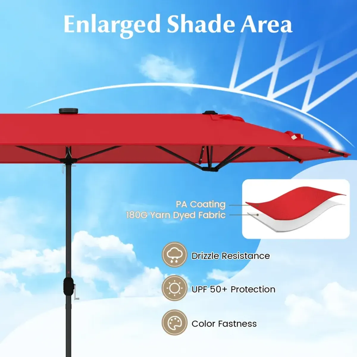 Double-Sided Patio Umbrella with Solar Lights for Garden, Pool, and Backyard Shade