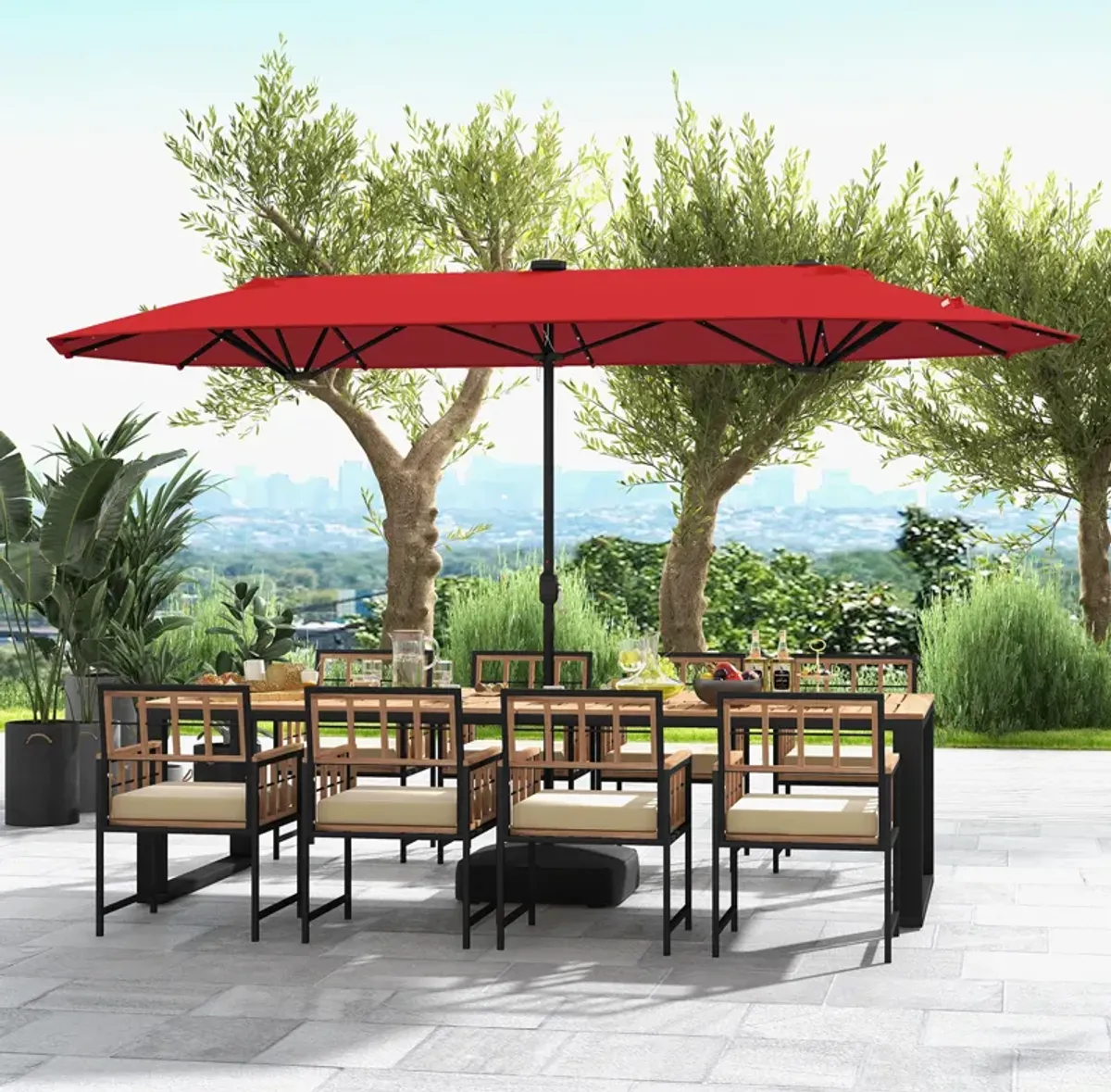 Double-Sided Patio Umbrella with Solar Lights for Garden, Pool, and Backyard Shade