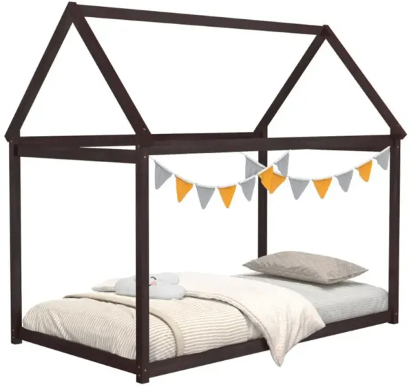 Hivvago Twin Size Kids House Bed Wood Frame with Roof