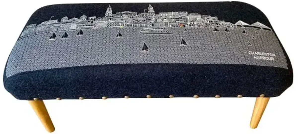 38" Black Breckenridge Nighttime Skyline Embroidered Ottoman