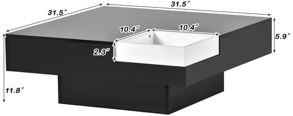 Modern Minimalist Design Square Coffee Table with Detachable Tray and Plug-in 16-color LED Strip Lights Remote Control