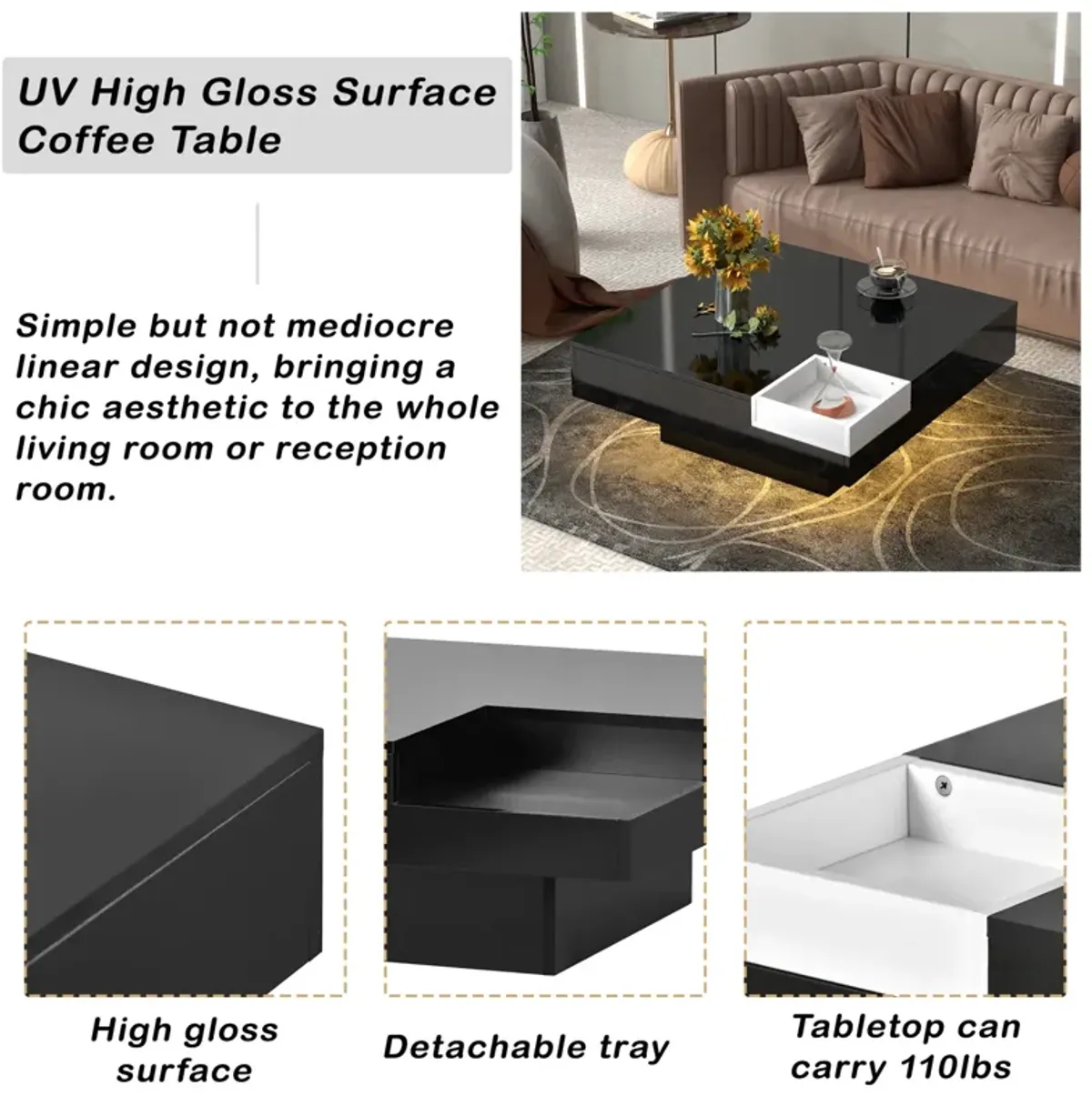 Modern Minimalist Design Square Coffee Table with Detachable Tray and Plug-in 16-color LED Strip Lights Remote Control