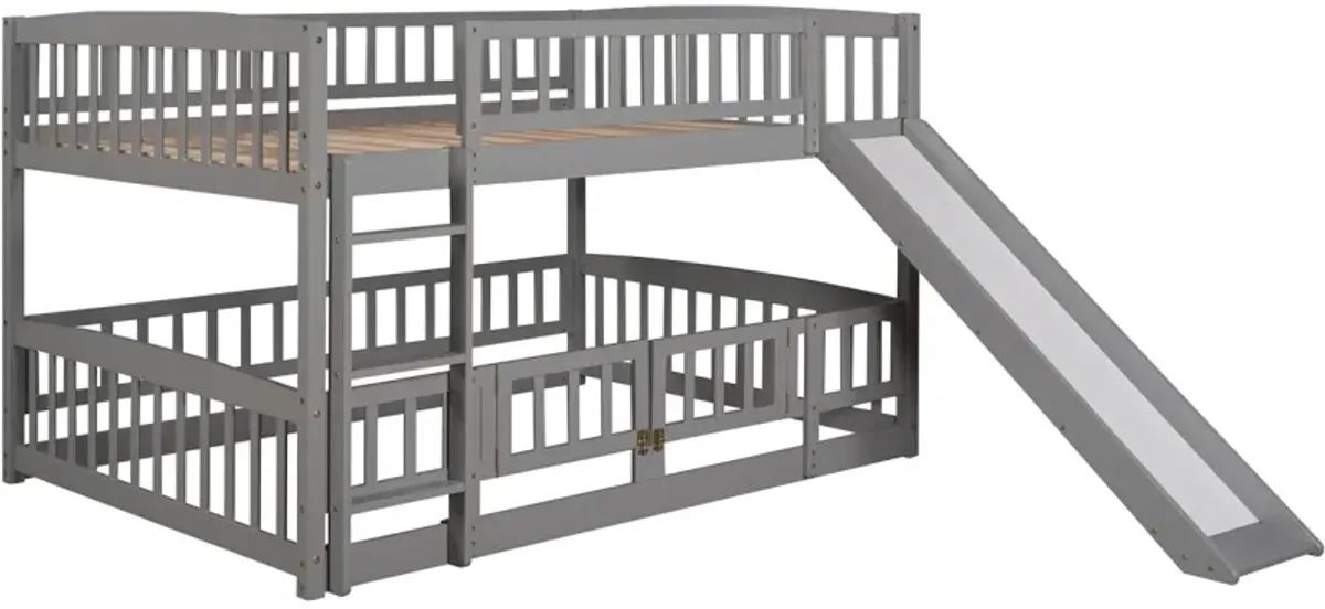 Bunk Bed With Slide, Full Over Full Low Bunk Bed With Fence And Ladder For Toddler Kids Teens