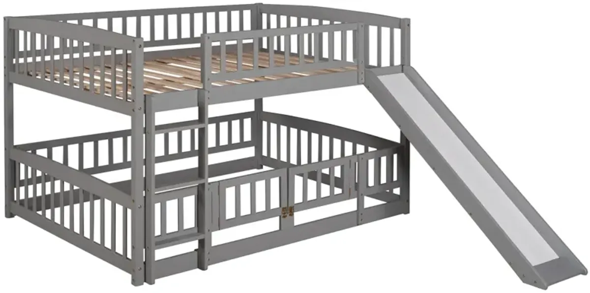 Bunk Bed With Slide, Full Over Full Low Bunk Bed With Fence And Ladder For Toddler Kids Teens