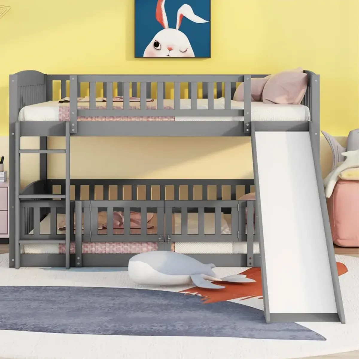 Bunk Bed With Slide, Full Over Full Low Bunk Bed With Fence And Ladder For Toddler Kids Teens