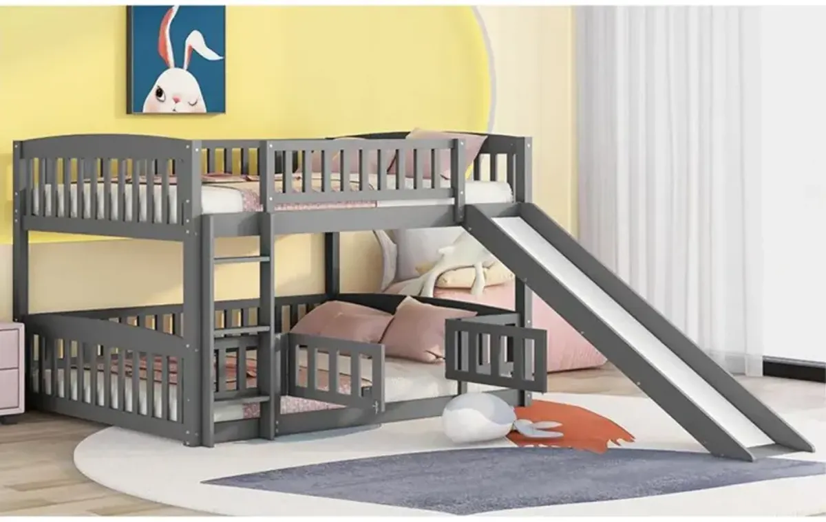 Bunk Bed With Slide, Full Over Full Low Bunk Bed With Fence And Ladder For Toddler Kids Teens