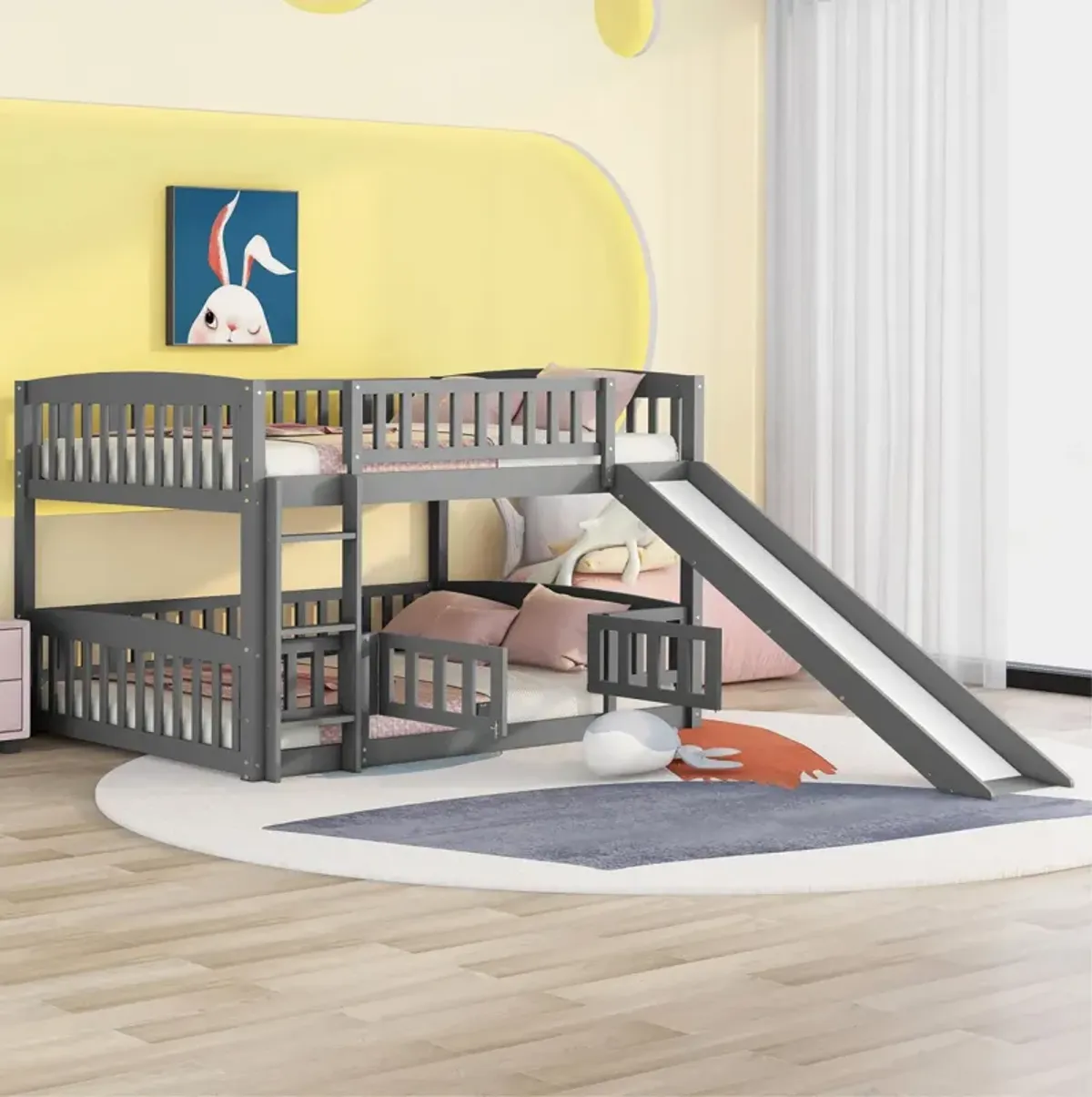 Bunk Bed With Slide, Full Over Full Low Bunk Bed With Fence And Ladder For Toddler Kids Teens