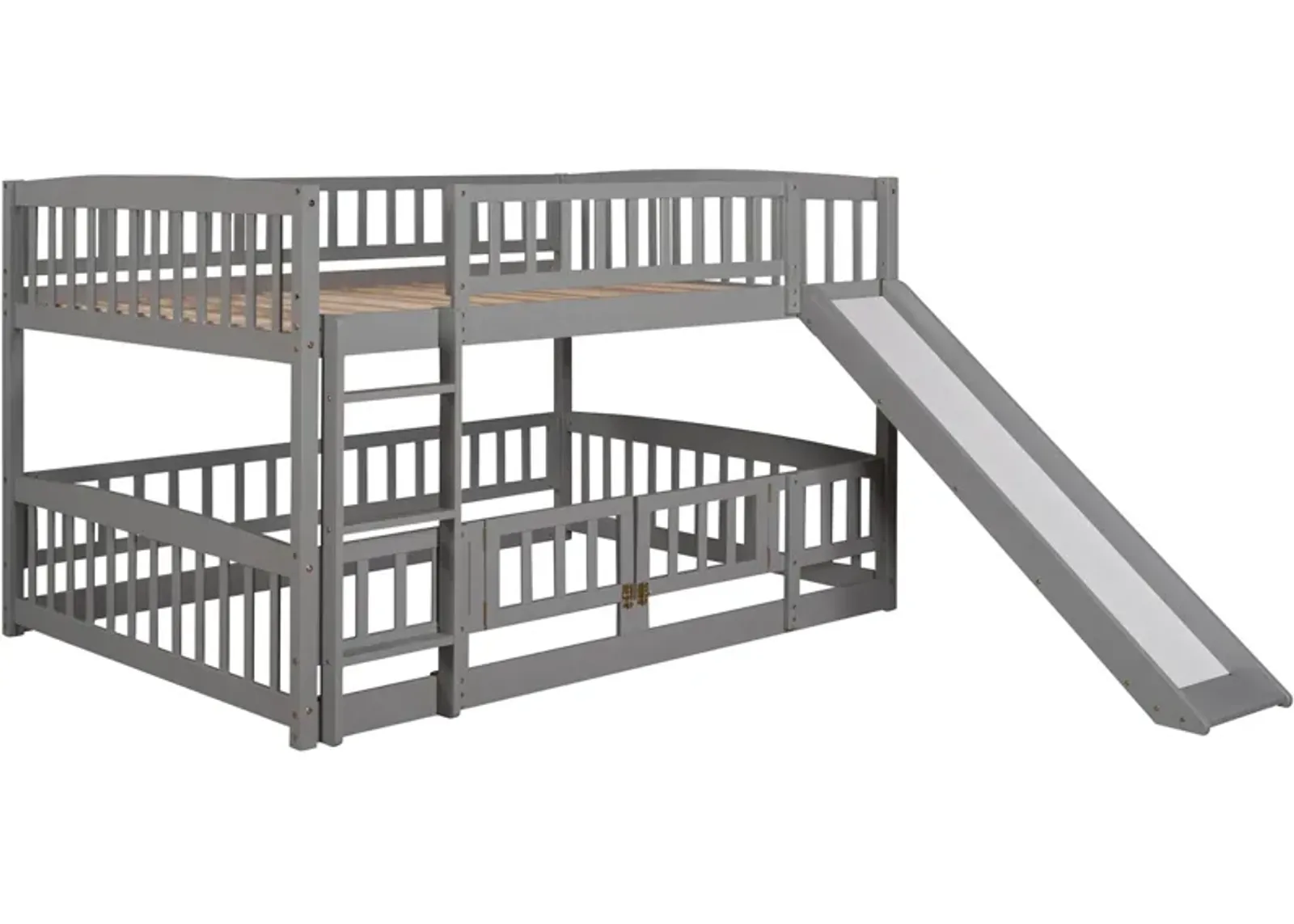 Bunk Bed With Slide, Full Over Full Low Bunk Bed With Fence And Ladder For Toddler Kids Teens