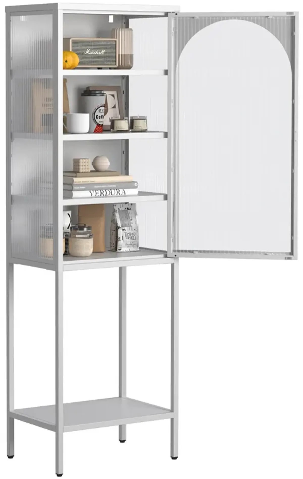 Metal Glass Door Display Storage Cabinet - 5-Tier Cube Bookshelf Storage Cabinet with 3 Adjustable Shelves For kitchen, dining room, living room, bathroom, home office