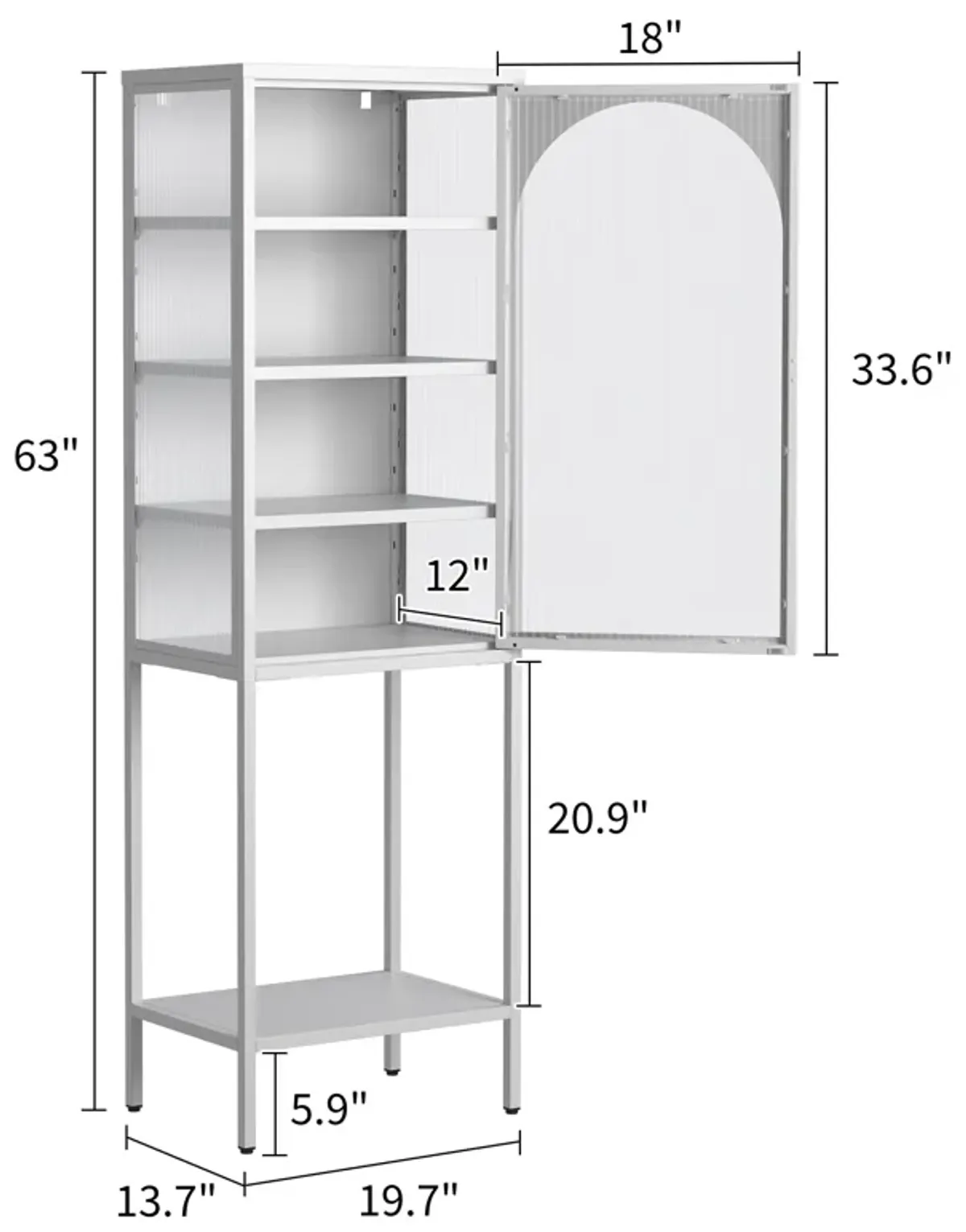 Metal Glass Door Display Storage Cabinet - 5-Tier Cube Bookshelf Storage Cabinet with 3 Adjustable Shelves For kitchen, dining room, living room, bathroom, home office