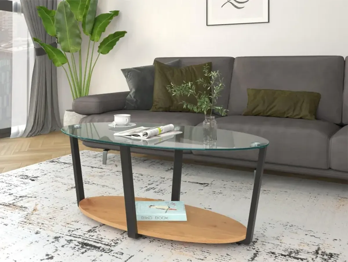 Nessa Oval Coffee Table with Glass Top, Oak/Glass