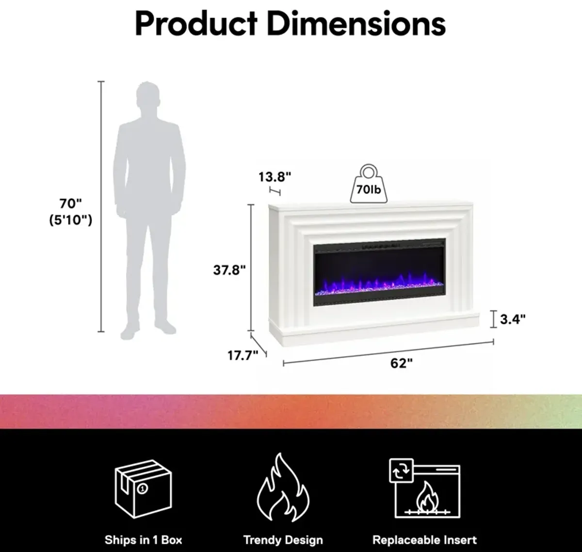 CosmoLiving by Cosmopolitan Rene Electric Fireplace Mantel 65" TV Stand with Multi-Color Flame and Crystal Ember Bed