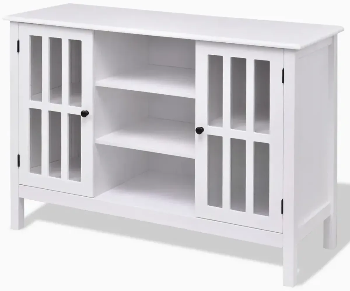 Hivvago White Wood Sofa Table Console Cabinet with Tempered Glass Panel Doors