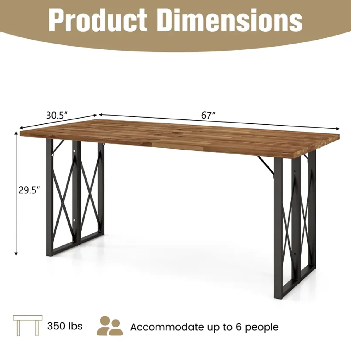 67 Inch Patio Rectangle Acacia Wood Dining Table with Umbrella Hole