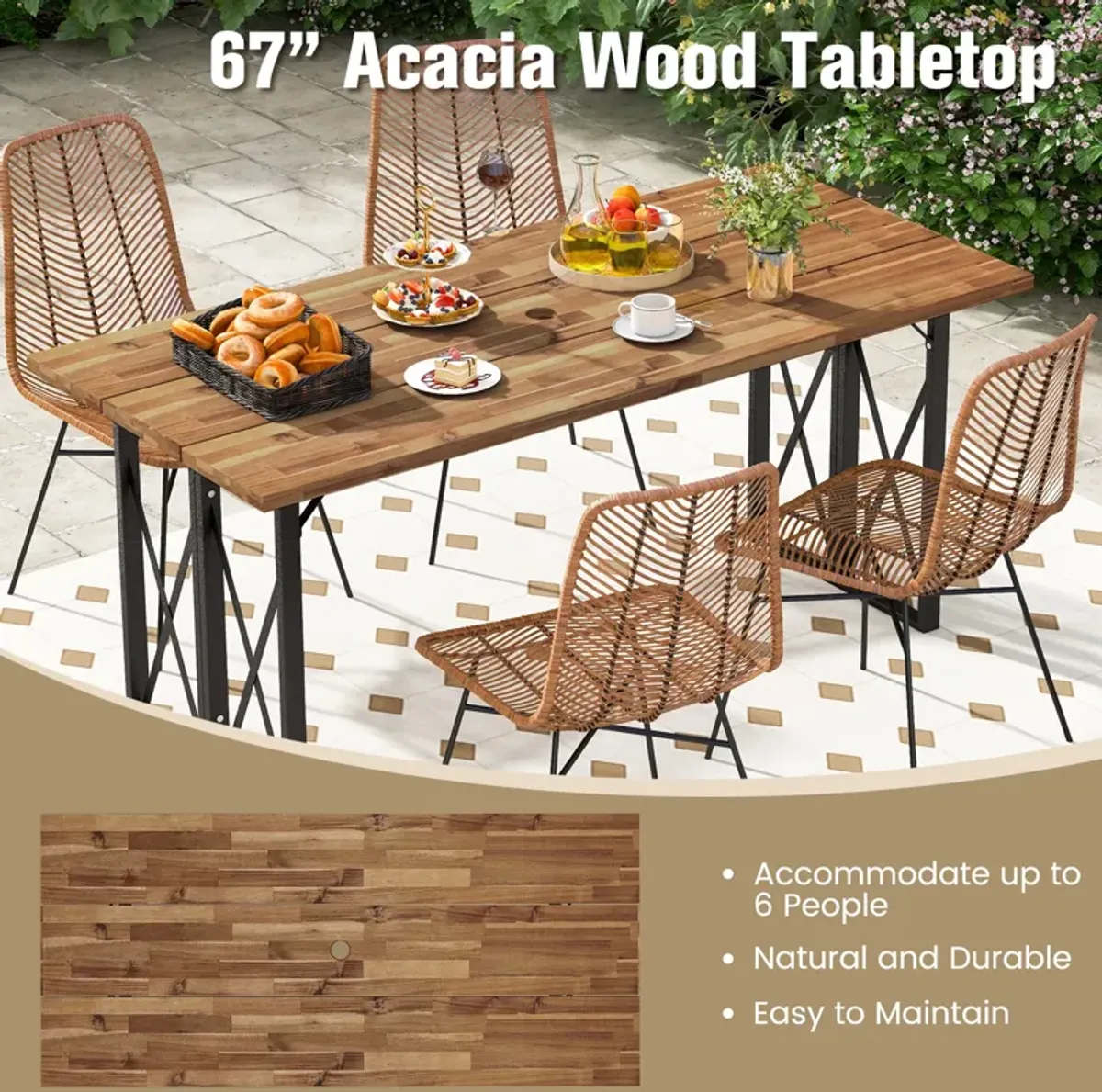 67 Inch Patio Rectangle Acacia Wood Dining Table with Umbrella Hole