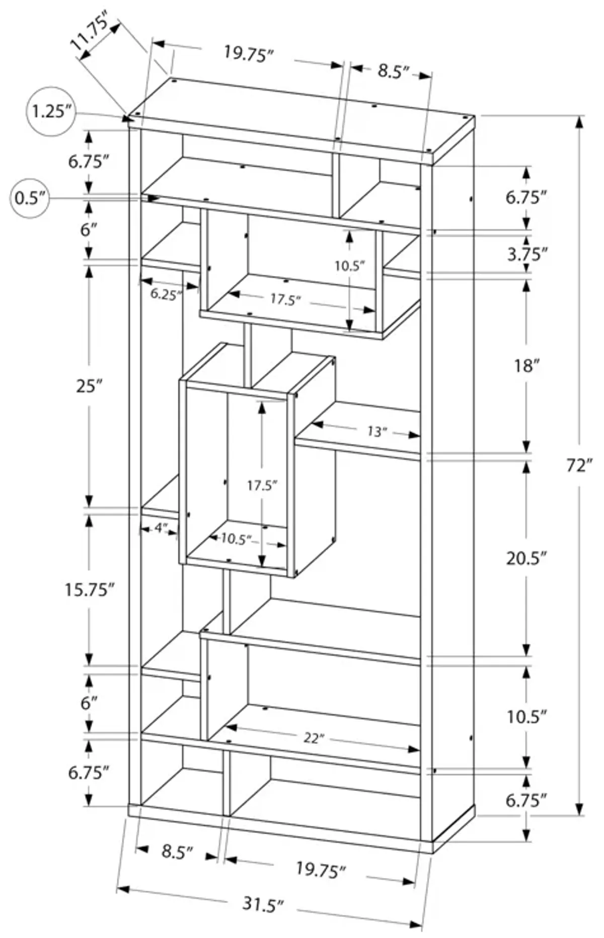 Monarch Specialties I 7071 Bookshelf, Bookcase, Etagere, 72"H, Office, Bedroom, Laminate, White, Contemporary, Modern