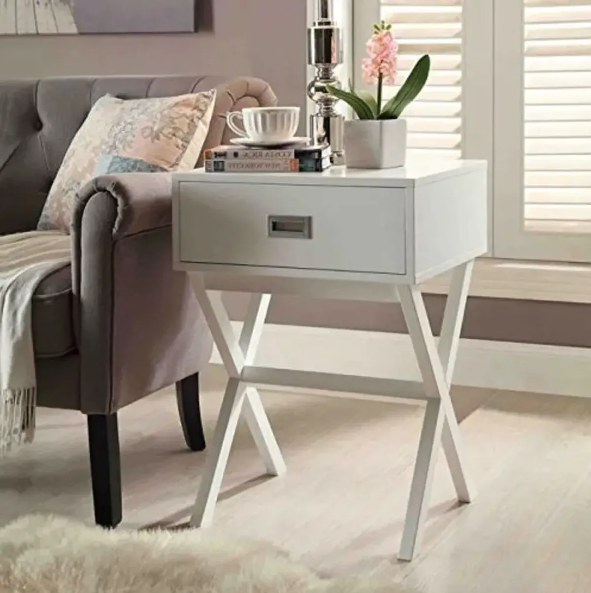 Hivvago White Modern 1-Drawer End Table Nightstand with X-Legs