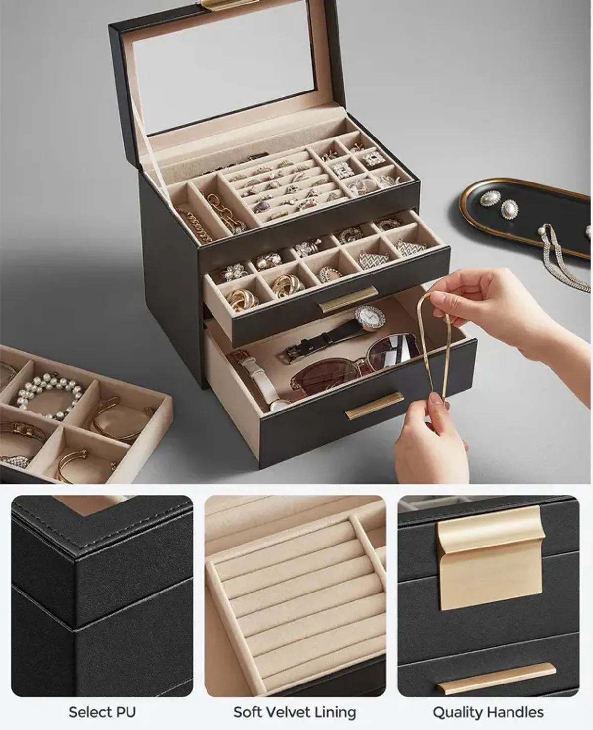 4-Layer Jewelry Box with Glass Lid and 3 Drawers - Modern Organizer for Sunglasses and Big Jewelry