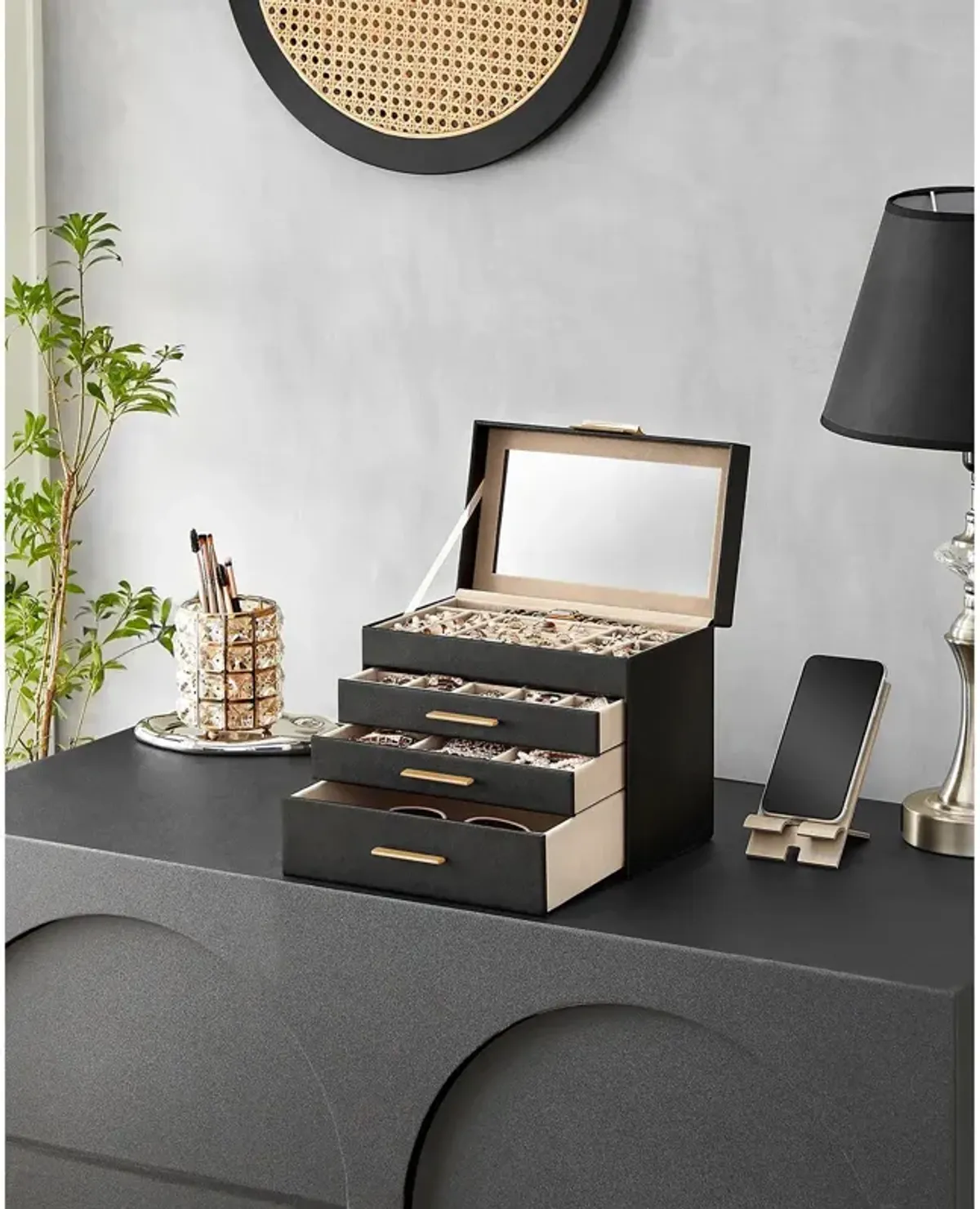 4-Layer Jewelry Box with Glass Lid and 3 Drawers - Modern Organizer for Sunglasses and Big Jewelry