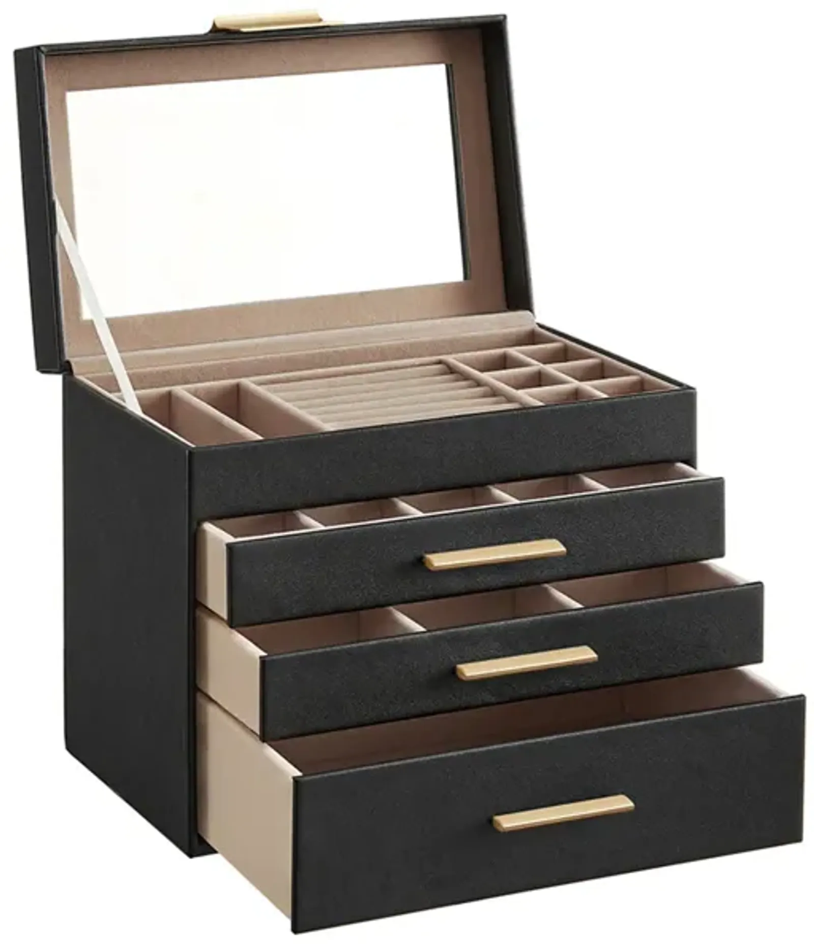 4-Layer Jewelry Box with Glass Lid and 3 Drawers - Modern Organizer for Sunglasses and Big Jewelry