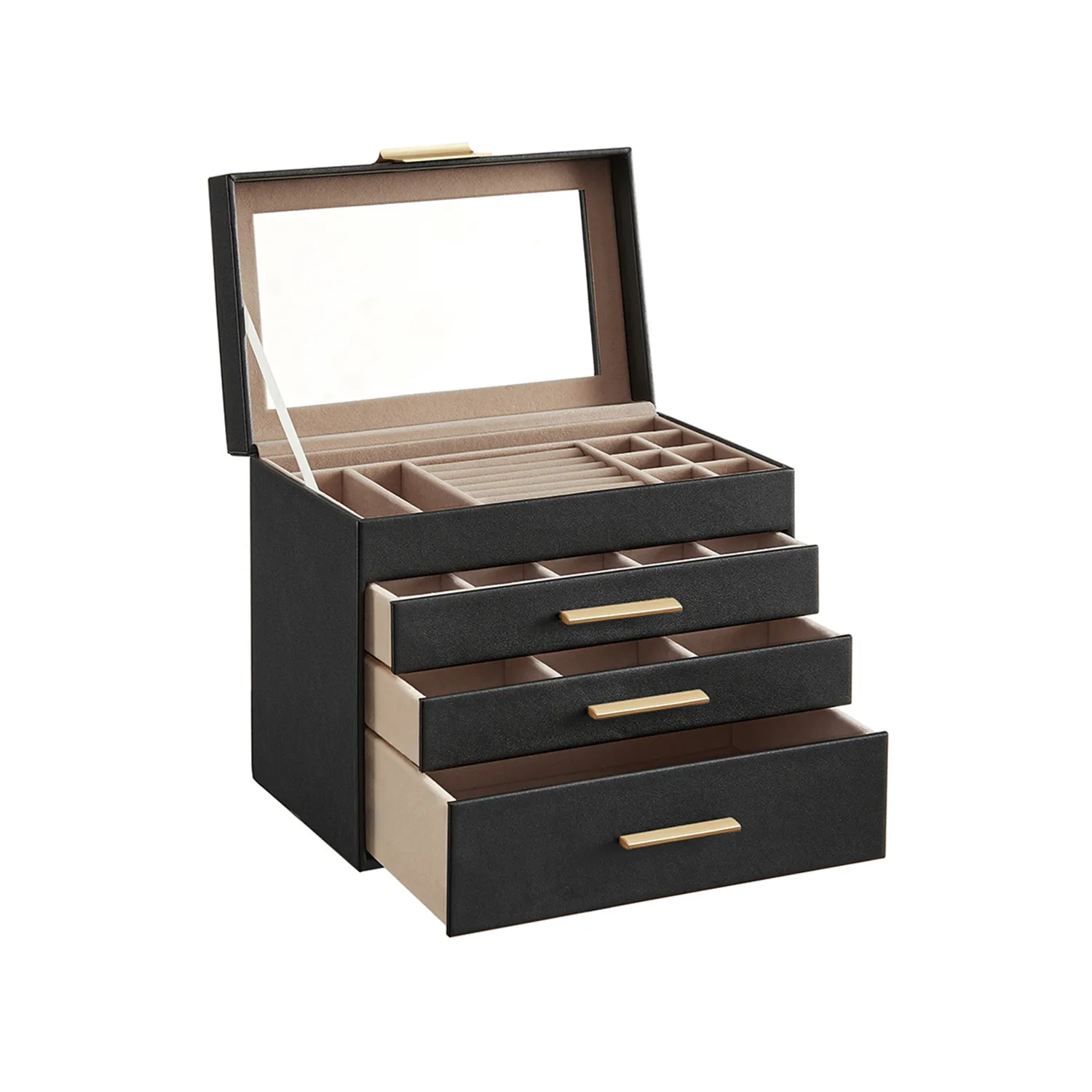 4-Layer Jewelry Box with Glass Lid and 3 Drawers - Modern Organizer for Sunglasses and Big Jewelry