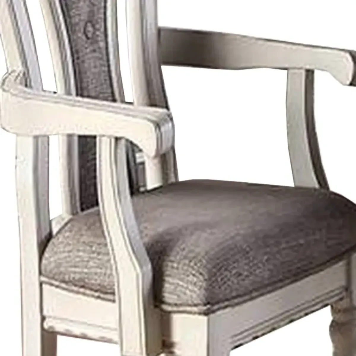 Wooden Arm Chair with Button Tufted Back, Set of 2, Cream and Gray - Benzara