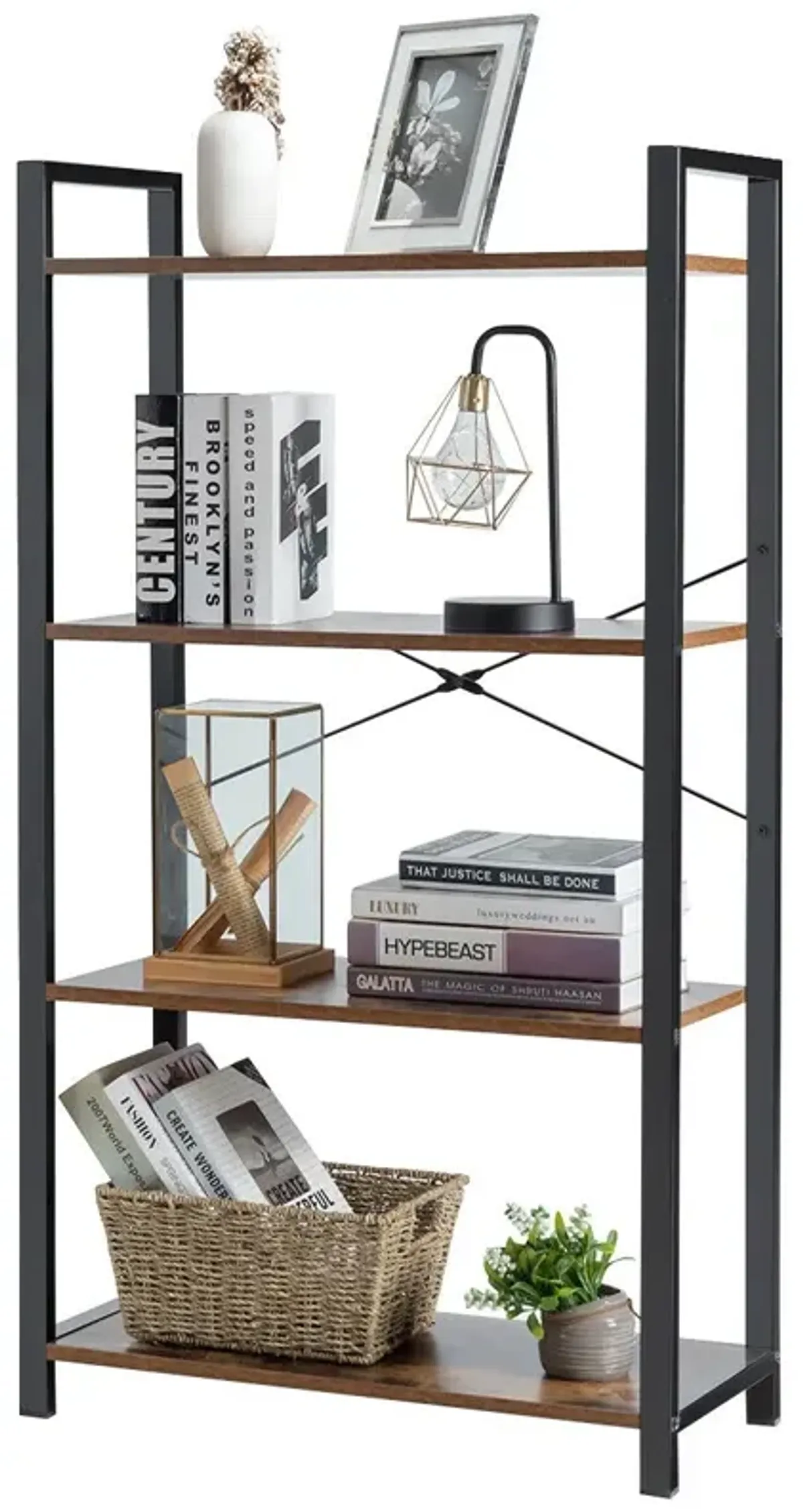 4-Tier Rustic Bookshelf Industrial Bookcase Diaplay Shelf Storage Rack-Brown