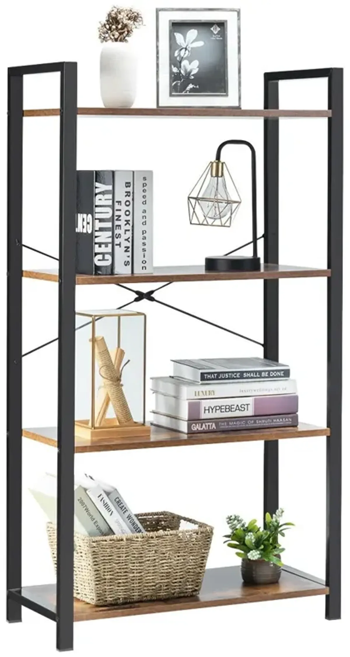 4-Tier Rustic Bookshelf Industrial Bookcase Diaplay Shelf Storage Rack-Brown