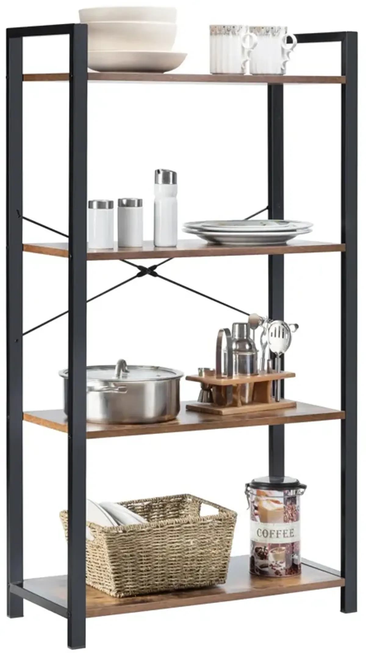 4-Tier Rustic Bookshelf Industrial Bookcase Diaplay Shelf Storage Rack-Brown