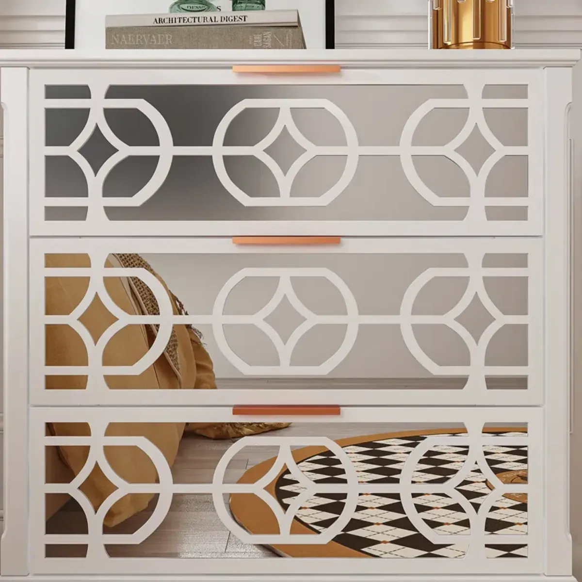 White Wooden Accent Storage Cabinet with 3-Mirrored-Drawer