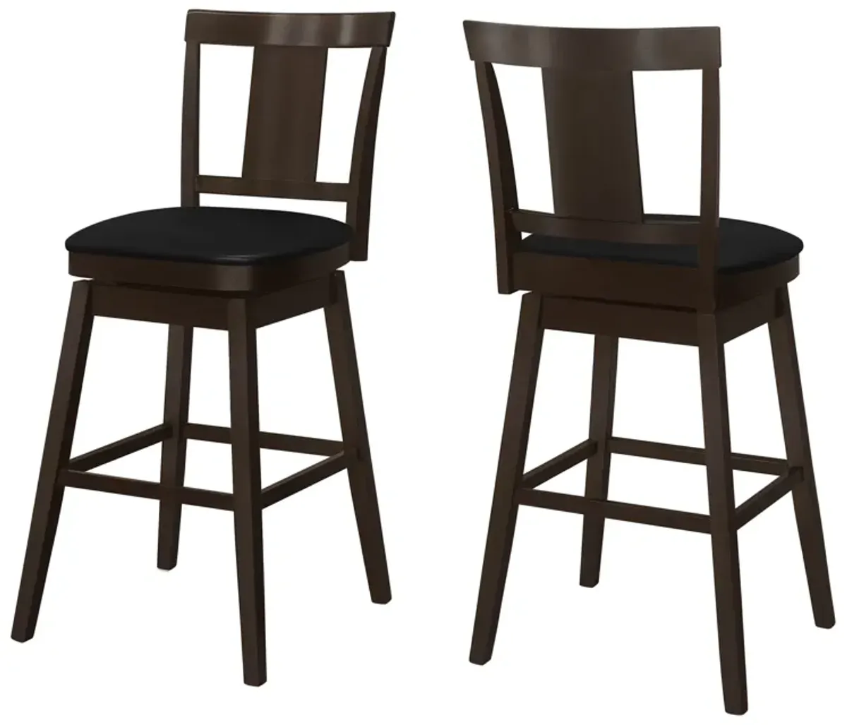 Monarch Specialties I 1230 Bar Stool, Set Of 2, Swivel, Bar Height, Wood, Pu Leather Look, Brown, Black, Transitional