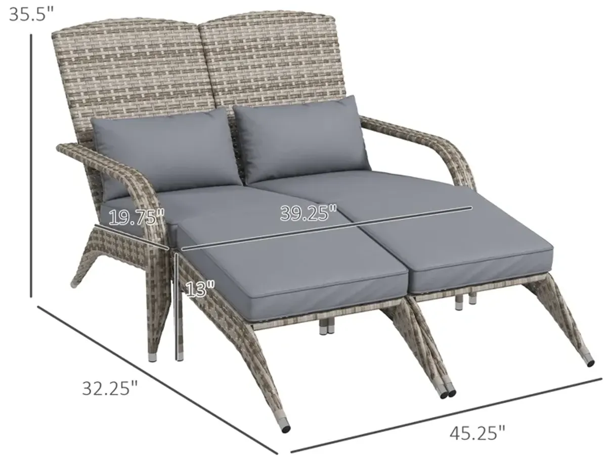 Outsunny Wicker Adirondack Chair for 2 with Cushions & Footrests, PE Rattan Fire Pit Chair for 2, Double Adirondack Patio Chair for Porch, Backyard, Garden with High-back, Wide Armrests, Gray