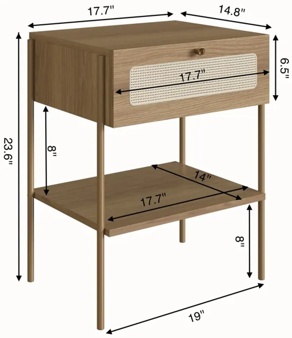 Boho Nightstand  End Table Storage Gold Iron Leg Rattan 1 Drawer -Coastal Oak