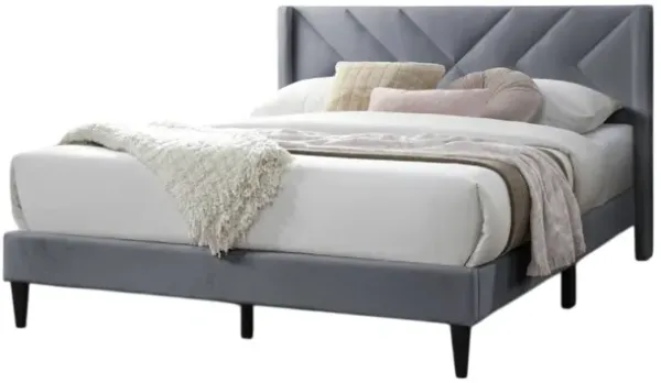 Reno Queen Size Bed, Modern X Channel Tufted Gray Velvet Upholstery - Benzara