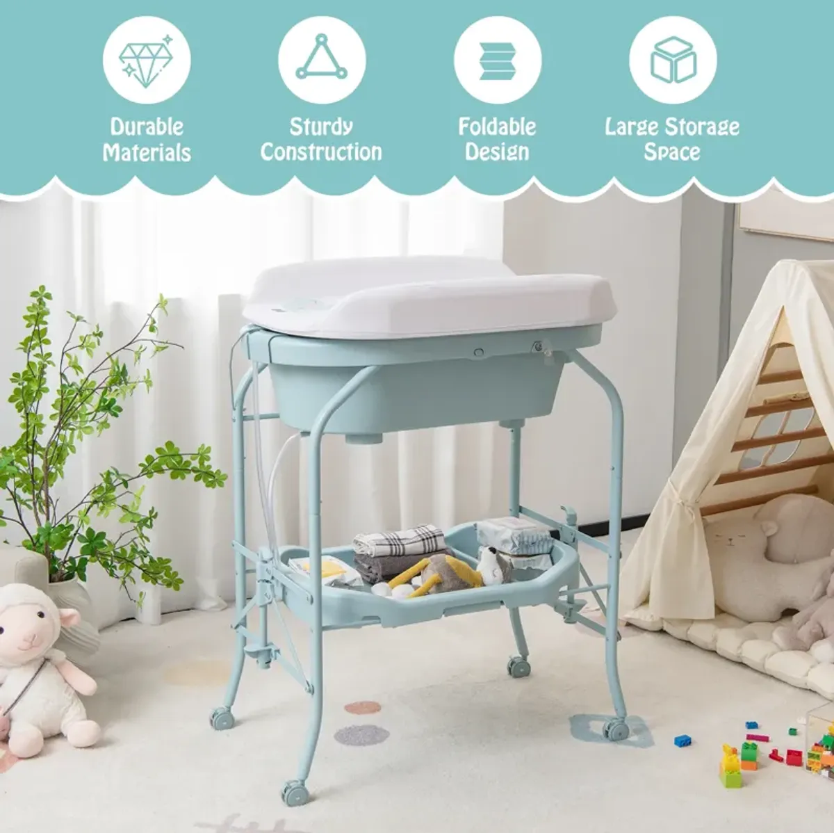 Folding Baby Changing Table with Bathtub and 4 Universal Wheels