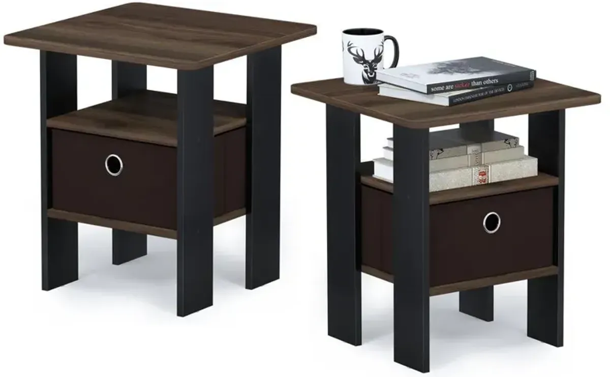 Furinno Andrey End Table Nightstand with Bin Drawer, Columbia Walnut/Dark Brown, Set of 2