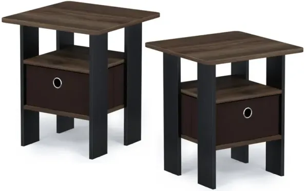 Furinno Andrey End Table Nightstand with Bin Drawer, Columbia Walnut/Dark Brown, Set of 2