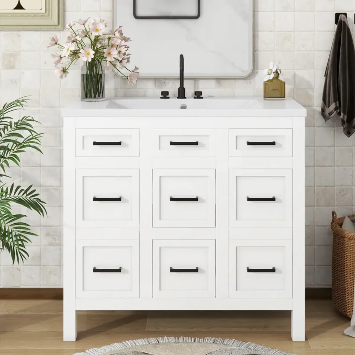 Gewnee 36" Bathroom Vanity Cabinet with Resin Integrated Sink - 4 Drawers, 2 Doors