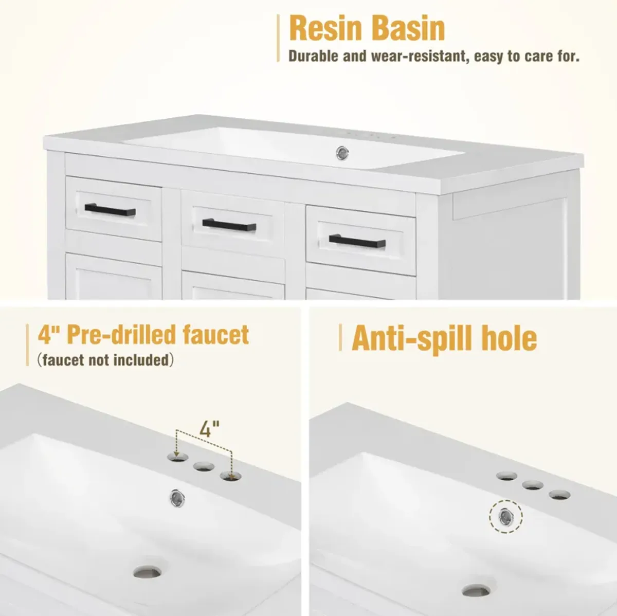 Gewnee 36" Bathroom Vanity Cabinet with Resin Integrated Sink - 4 Drawers, 2 Doors