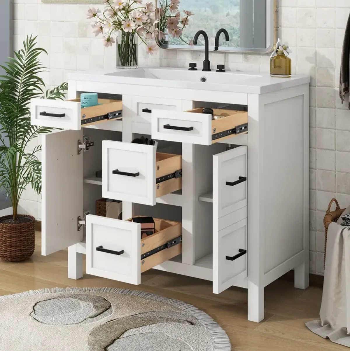 Gewnee 36" Bathroom Vanity Cabinet with Resin Integrated Sink - 4 Drawers, 2 Doors