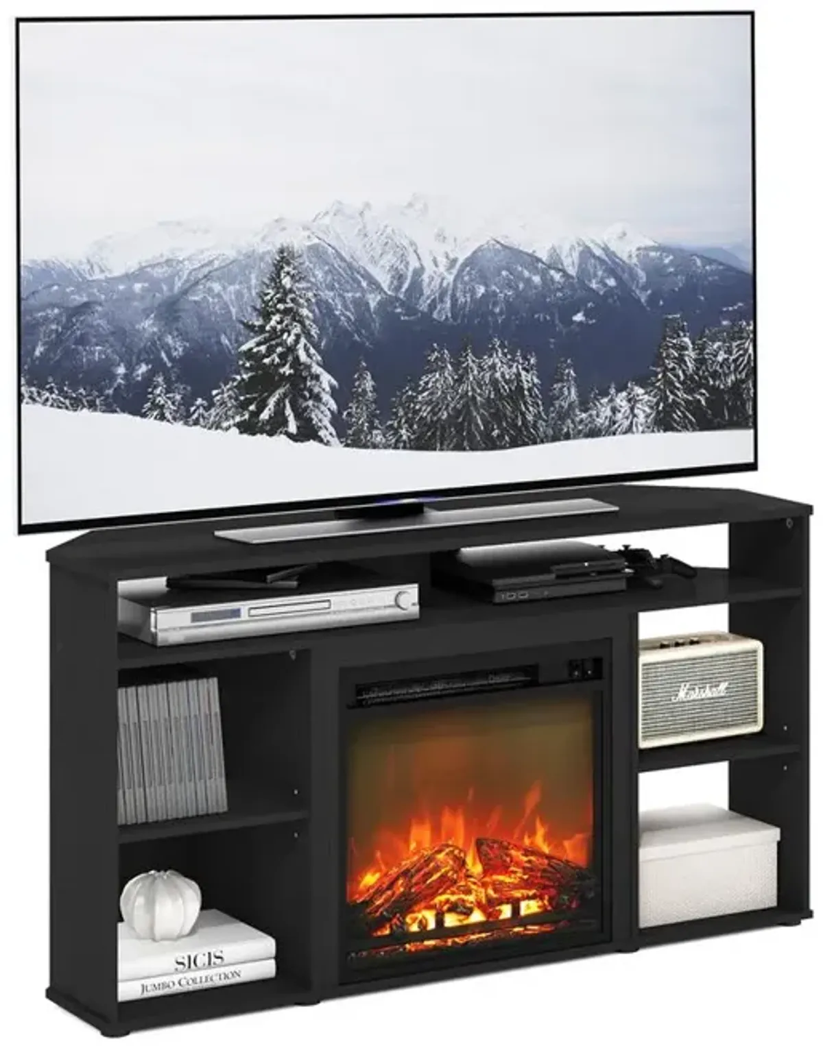 Furinno Jensen Corner TV Stand with Fireplace for TV up to 55 Inches, Americano