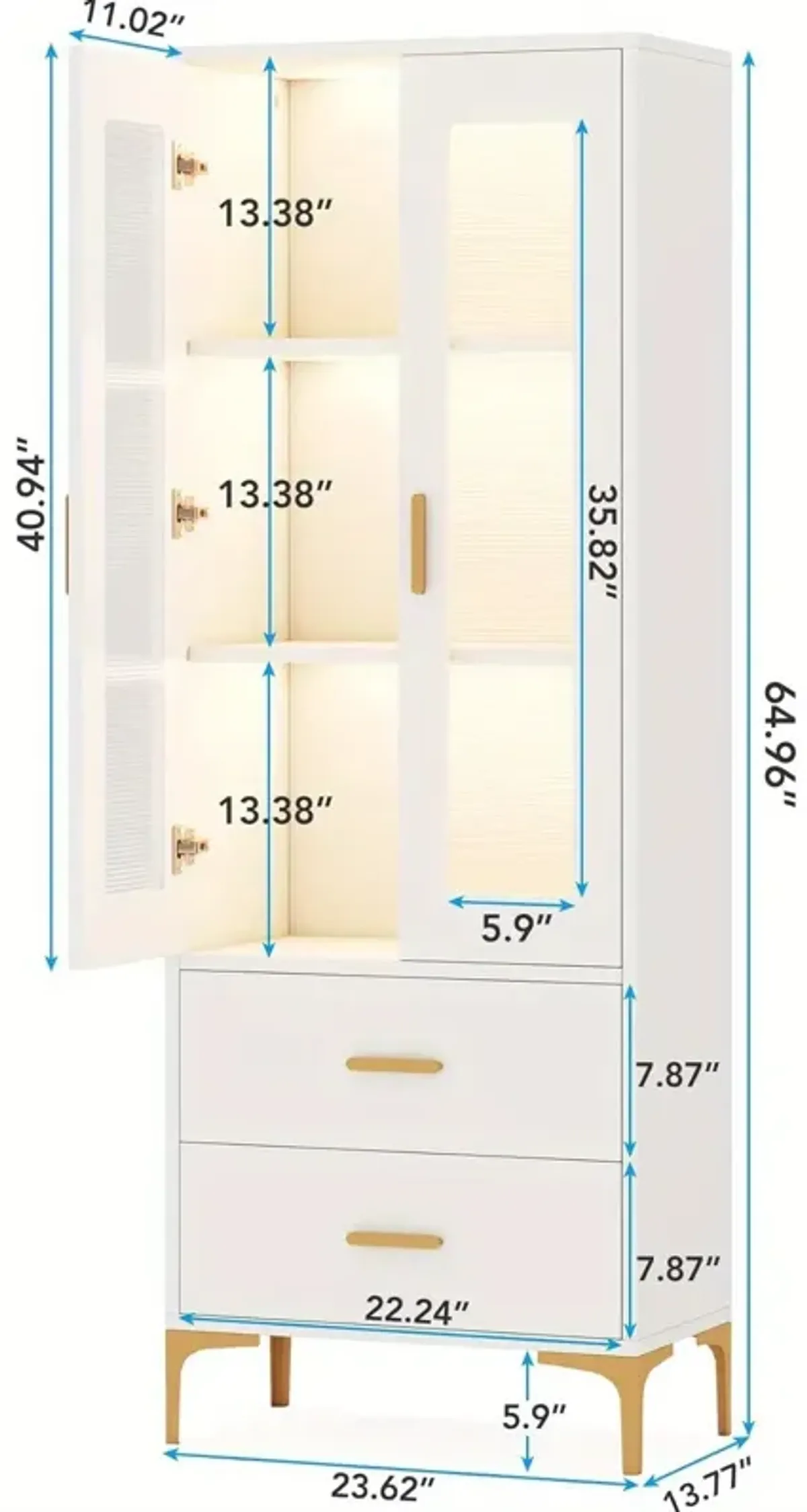 Bookshelf with 2 Drawers, Bookcase with Doors and LED Light, Freestanding Tall Storage Cabinet for Kitchen, Bathroom, Living Room, Office