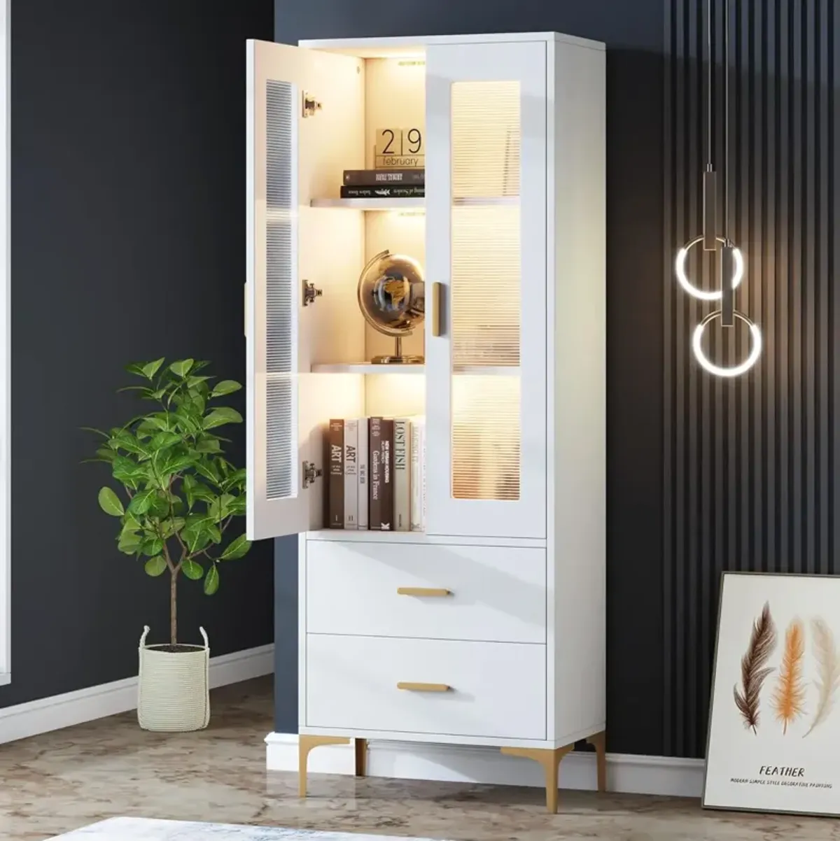 Bookshelf with 2 Drawers, Bookcase with Doors and LED Light, Freestanding Tall Storage Cabinet for Kitchen, Bathroom, Living Room, Office