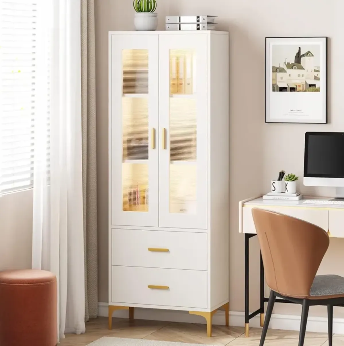 Bookshelf with 2 Drawers, Bookcase with Doors and LED Light, Freestanding Tall Storage Cabinet for Kitchen, Bathroom, Living Room, Office
