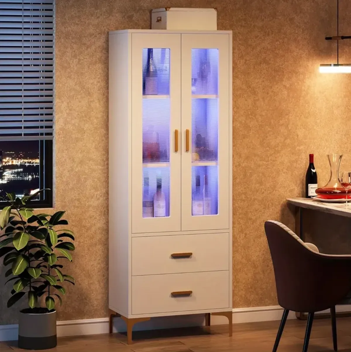 Bookshelf with 2 Drawers, Bookcase with Doors and LED Light, Freestanding Tall Storage Cabinet for Kitchen, Bathroom, Living Room, Office