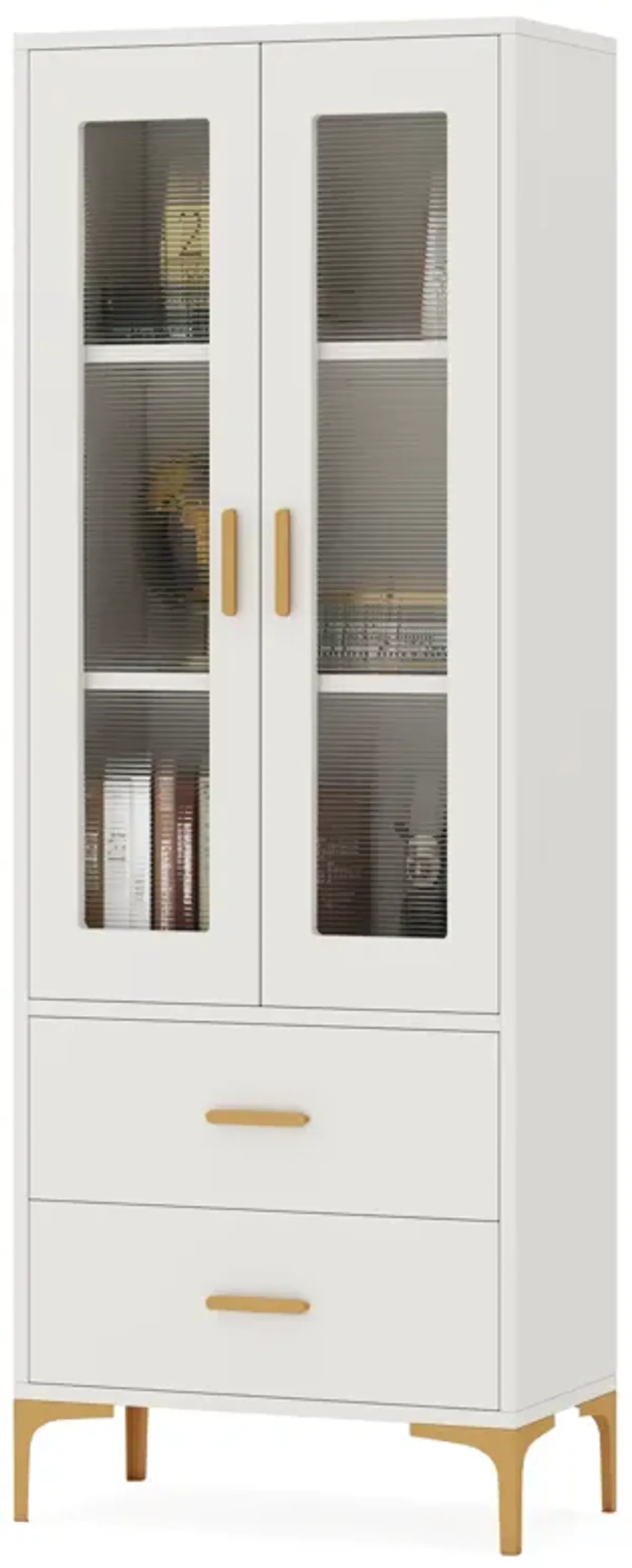 Bookshelf with 2 Drawers, Bookcase with Doors and LED Light, Freestanding Tall Storage Cabinet for Kitchen, Bathroom, Living Room, Office