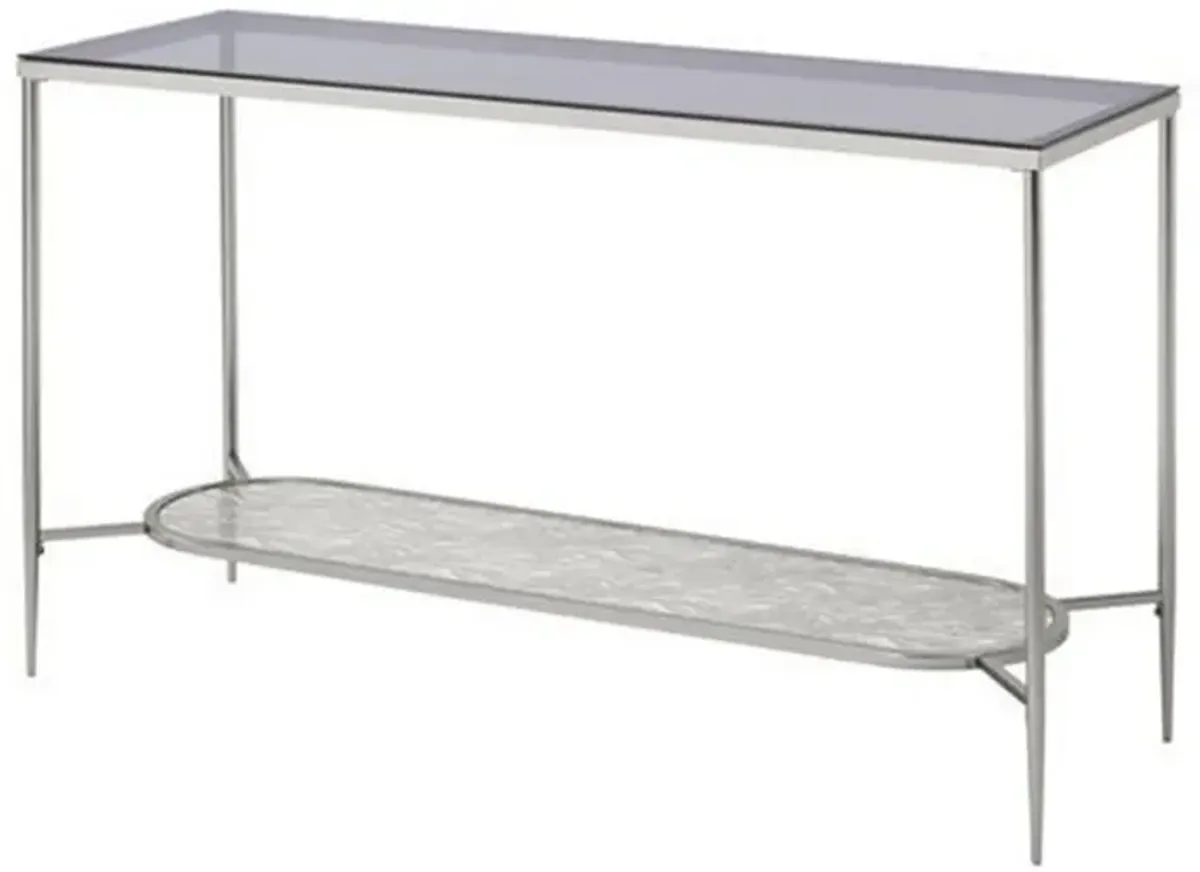 Sofa Table with Textured Obround Shelf, Silver-Benzara