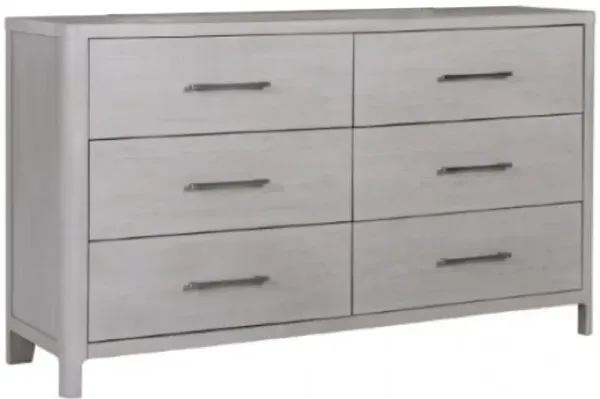 Reham Wide Dresser Chest, 6 Drawers, Pewter Handles, White Wash Brown - Benzara